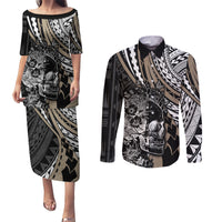 personalised-polynesia-skull-couples-matching-puletasi-dress-and-long-sleeve-button-shirts-tattoo-in-the-style-of-maori-with-marine-life-gold