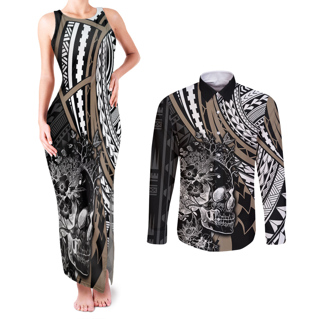 Personalised Polynesia Skull Couples Matching Tank Maxi Dress and Long Sleeve Button Shirts Tattoo In The Style Of Maori With Marine Life Gold LT9 Gold - Polynesian Pride