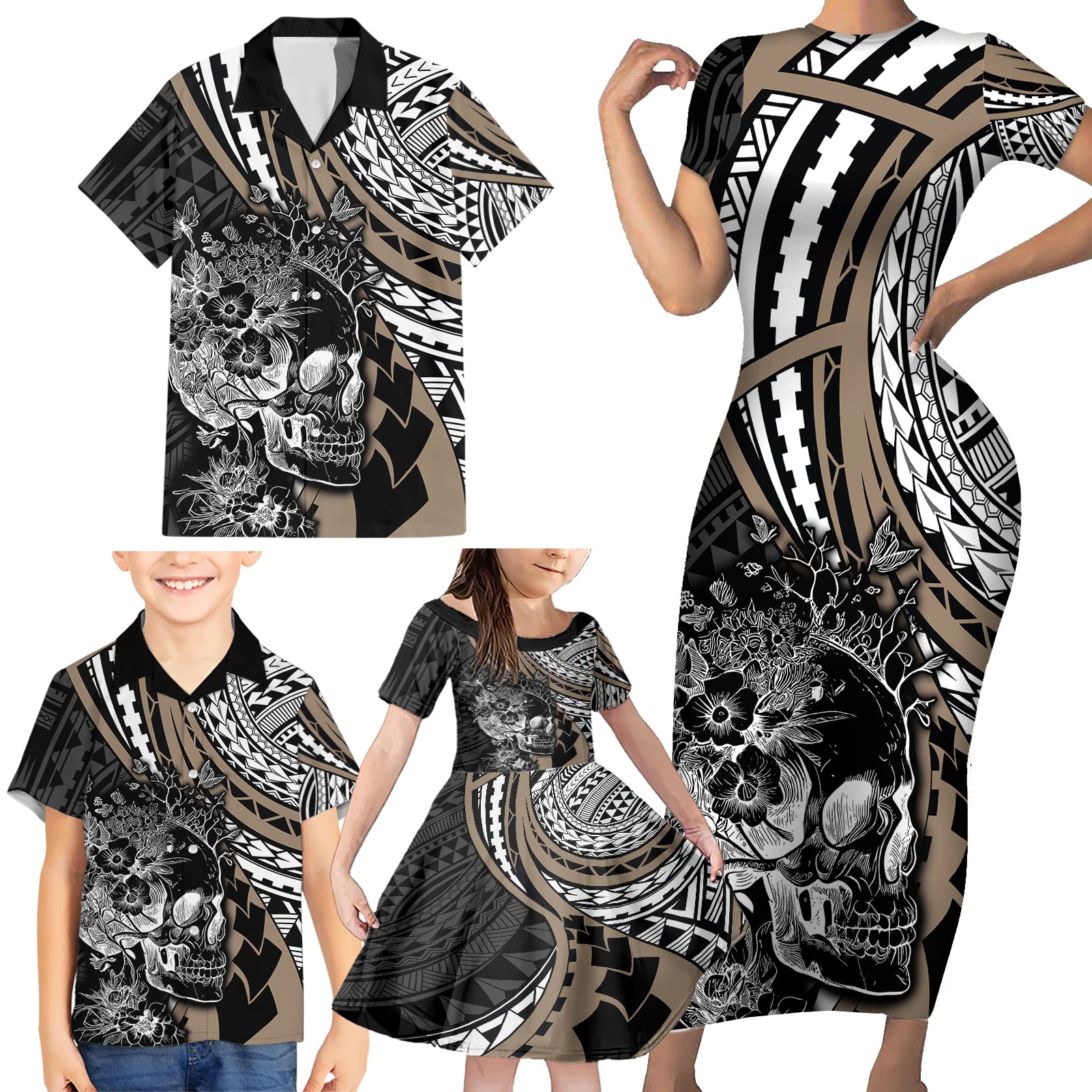 personalised-polynesia-skull-family-matching-short-sleeve-bodycon-dress-and-hawaiian-shirt-tattoo-in-the-style-of-maori-with-marine-life-gold