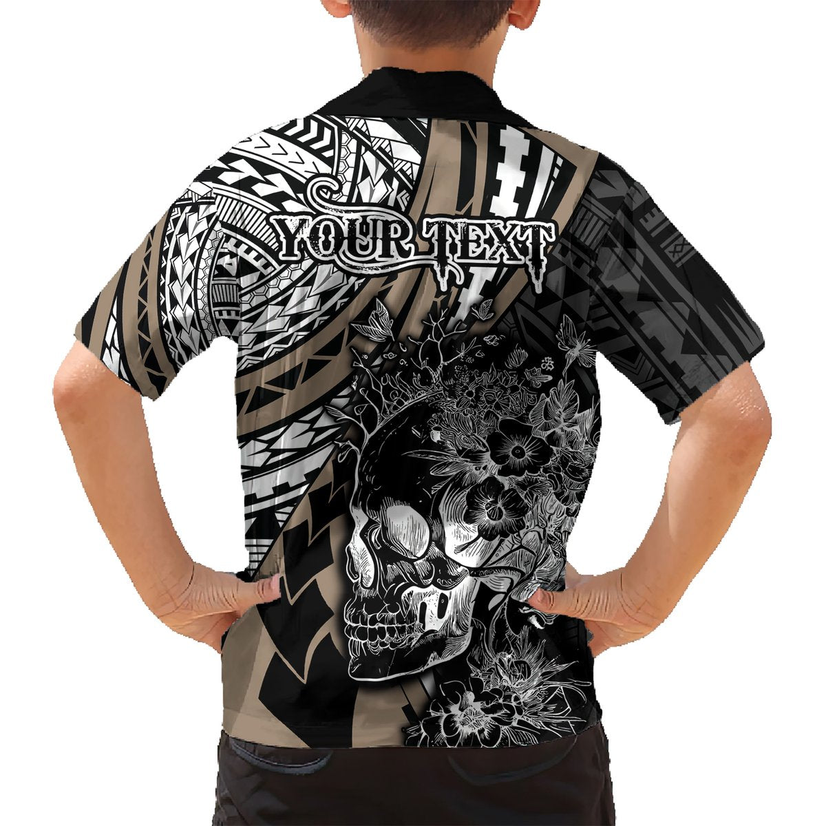 Personalised Polynesia Skull Hawaiian Shirt Tattoo In The Style Of Maori With Marine Life Gold LT9 - Polynesian Pride