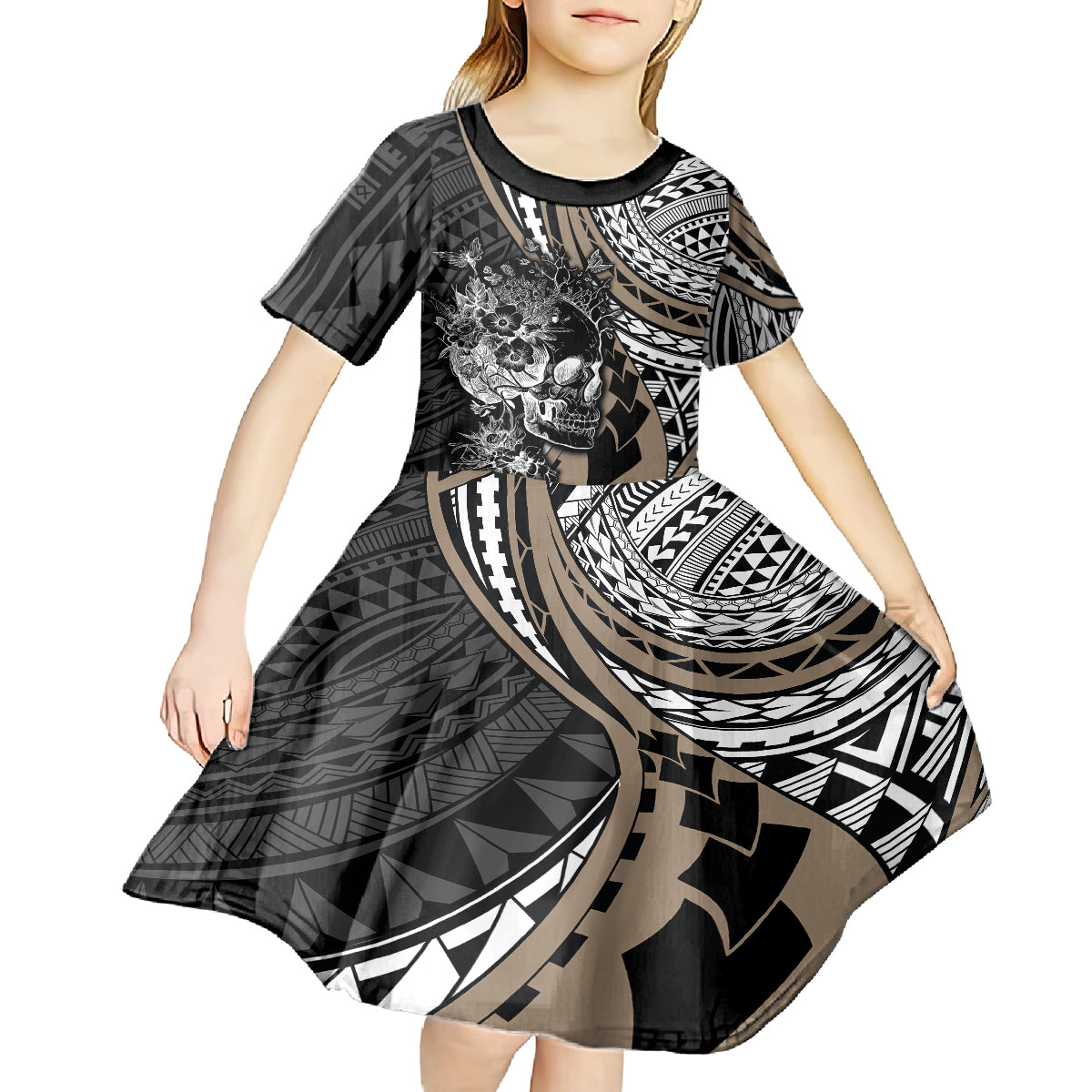 personalised-polynesia-skull-kid-short-sleeve-dress-tattoo-in-the-style-of-maori-with-marine-life-gold