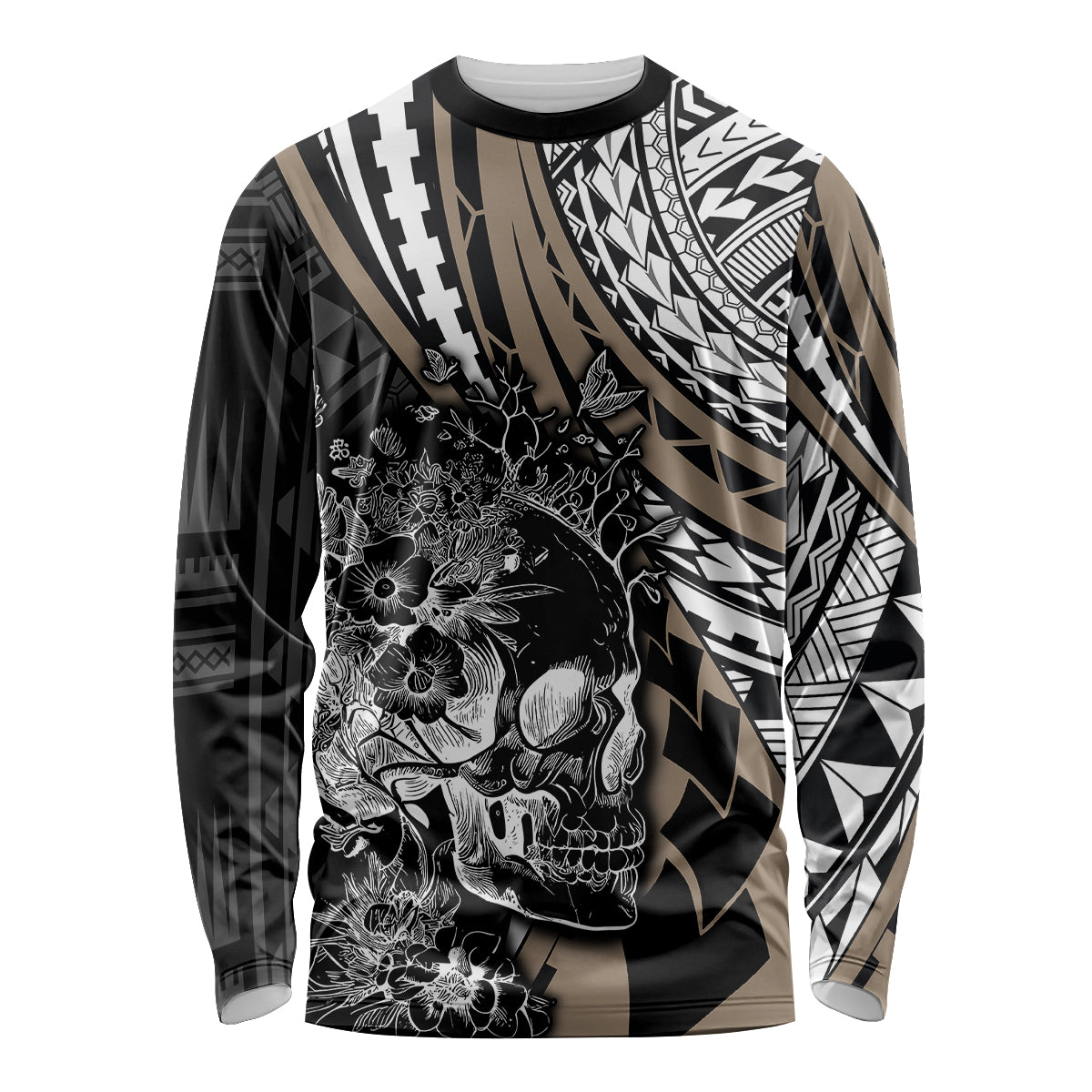 personalised-polynesia-skull-long-sleeve-shirt-tattoo-in-the-style-of-maori-with-marine-life-gold