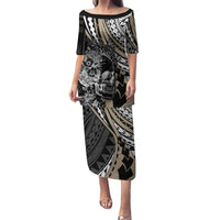 Personalised Polynesia Skull Puletasi Tattoo In The Style Of Maori With Marine Life Gold LT9 Long Dress Gold - Polynesian Pride