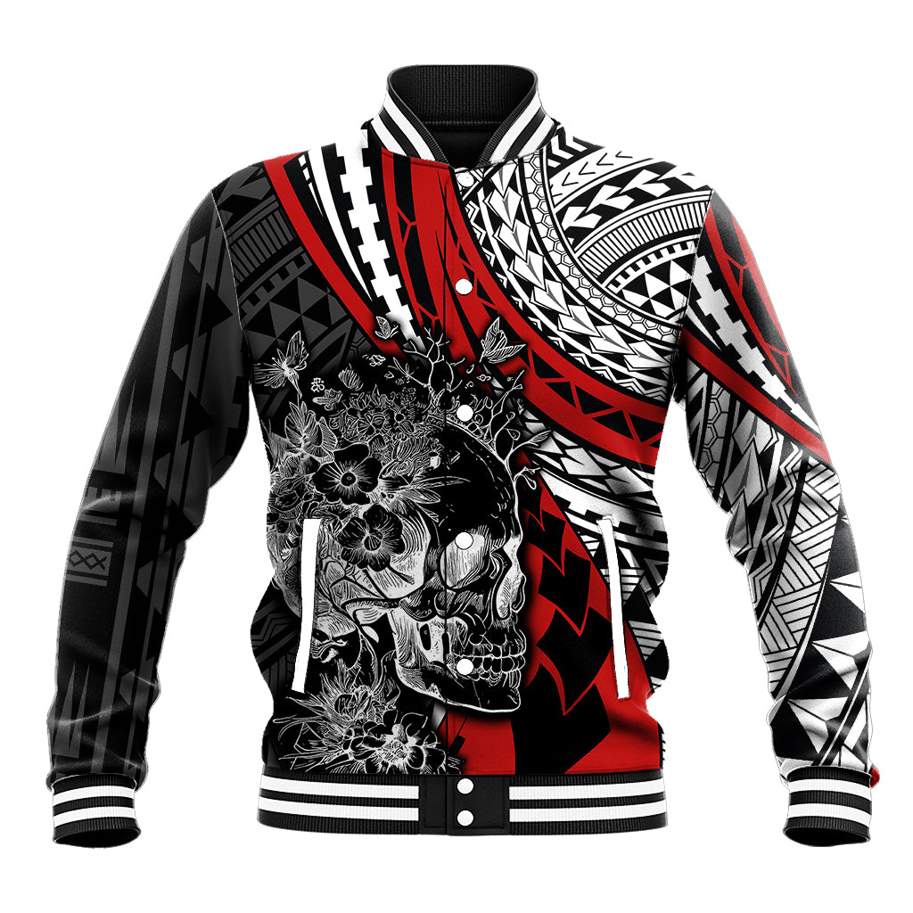 Personalised Polynesia Skull Baseball Jacket Tattoo In The Style Of Maori With Marine Life Red LT9 Unisex Red - Polynesian Pride