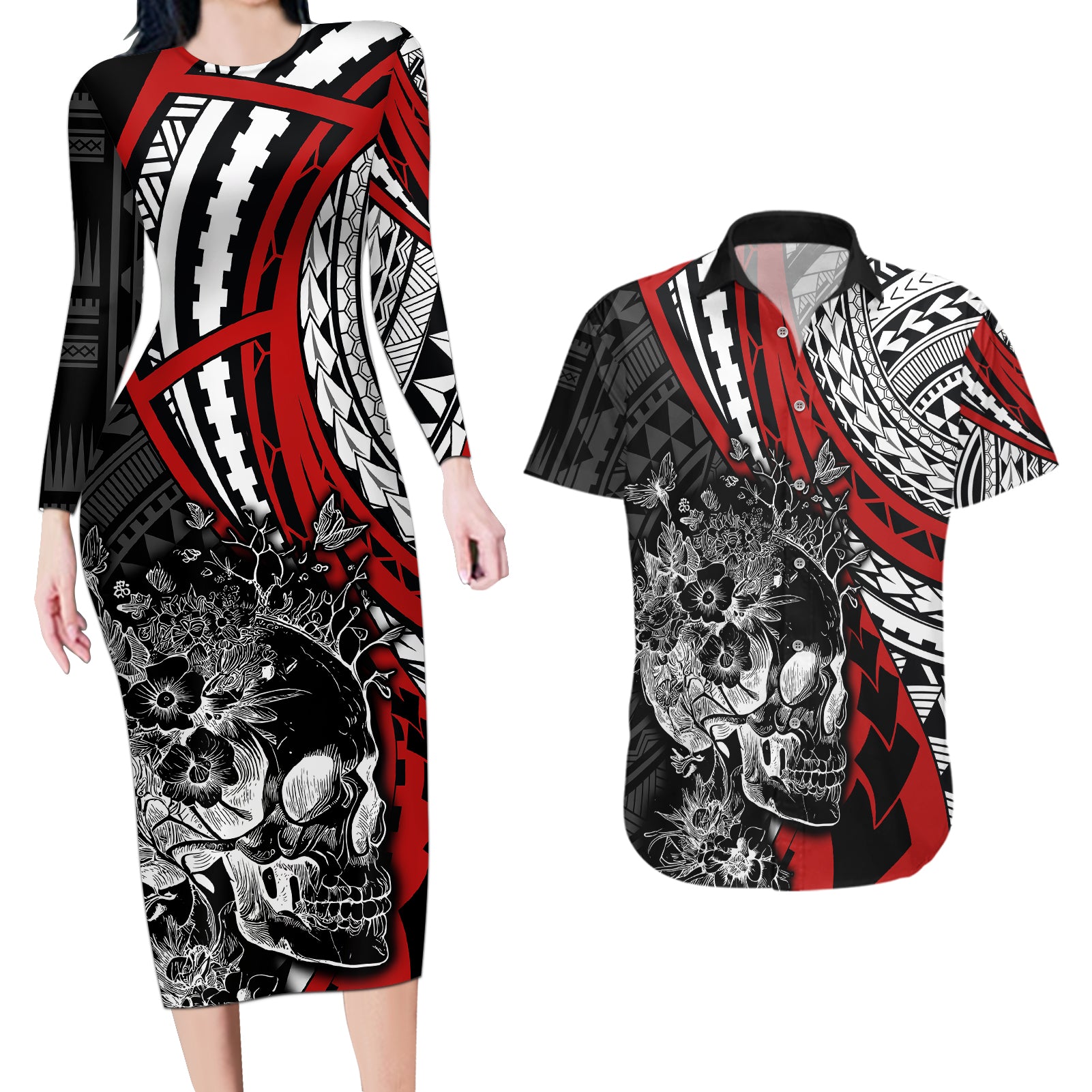 personalised-polynesia-skull-couples-matching-long-sleeve-bodycon-dress-and-hawaiian-shirt-tattoo-in-the-style-of-maori-with-marine-life-red