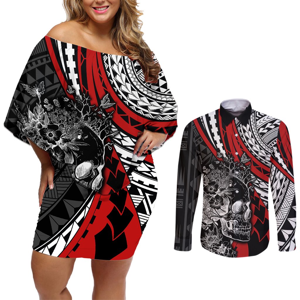 personalised-polynesia-skull-couples-matching-off-shoulder-short-dress-and-long-sleeve-button-shirts-tattoo-in-the-style-of-maori-with-marine-life-red
