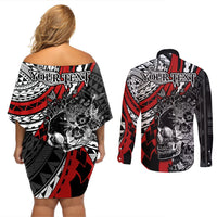 personalised-polynesia-skull-couples-matching-off-shoulder-short-dress-and-long-sleeve-button-shirts-tattoo-in-the-style-of-maori-with-marine-life-red