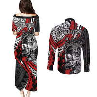 personalised-polynesia-skull-couples-matching-puletasi-dress-and-long-sleeve-button-shirts-tattoo-in-the-style-of-maori-with-marine-life-red