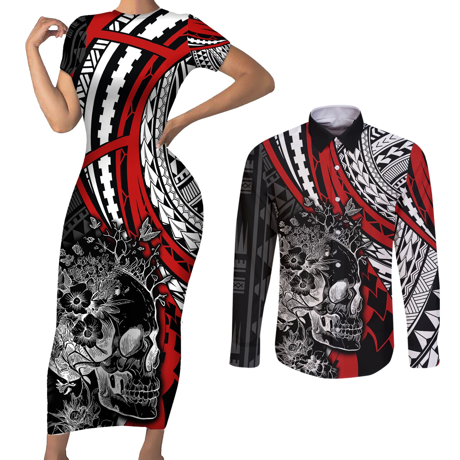 Personalised Polynesia Skull Couples Matching Short Sleeve Bodycon Dress and Long Sleeve Button Shirts Tattoo In The Style Of Maori With Marine Life Red LT9 Red - Polynesian Pride