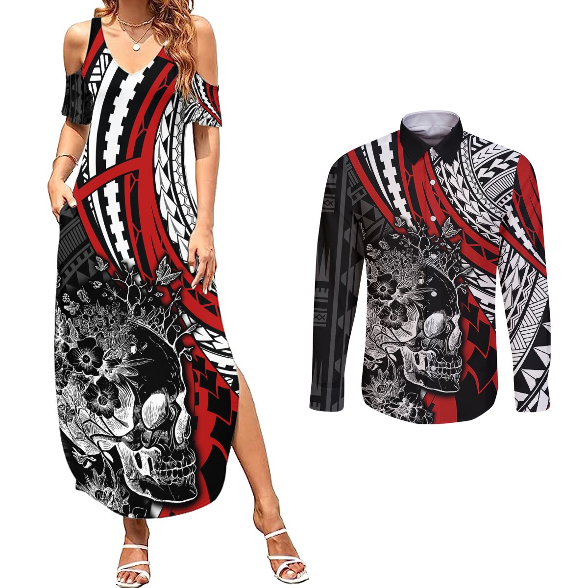 Personalised Polynesia Skull Couples Matching Summer Maxi Dress and Long Sleeve Button Shirts Tattoo In The Style Of Maori With Marine Life Red LT9 Red - Polynesian Pride