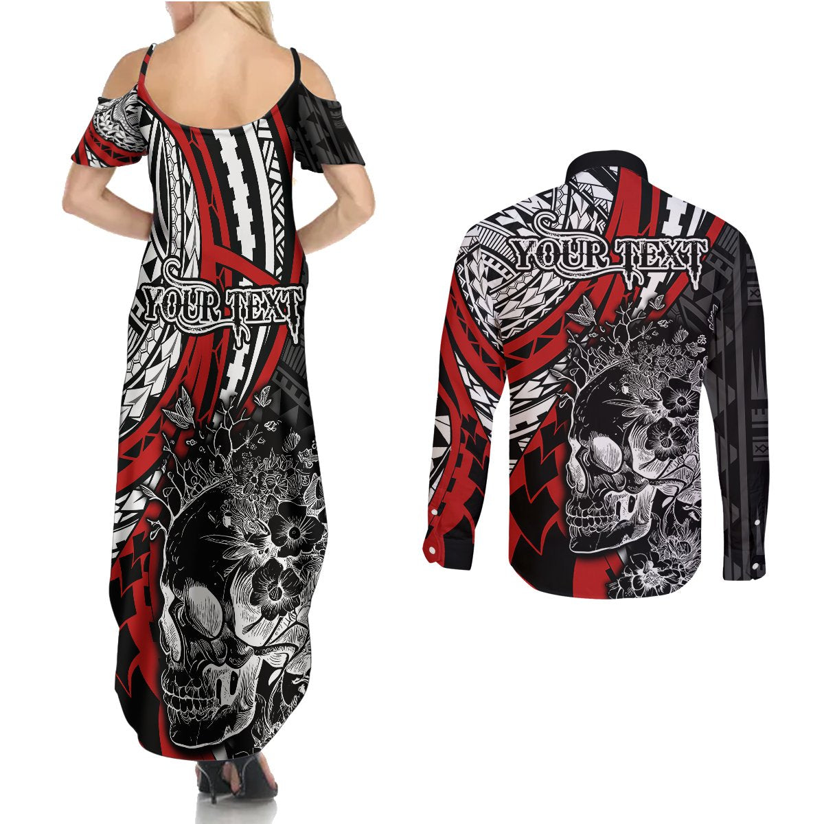 personalised-polynesia-skull-couples-matching-summer-maxi-dress-and-long-sleeve-button-shirts-tattoo-in-the-style-of-maori-with-marine-life-red
