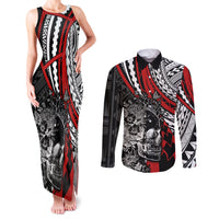 personalised-polynesia-skull-couples-matching-tank-maxi-dress-and-long-sleeve-button-shirts-tattoo-in-the-style-of-maori-with-marine-life-red