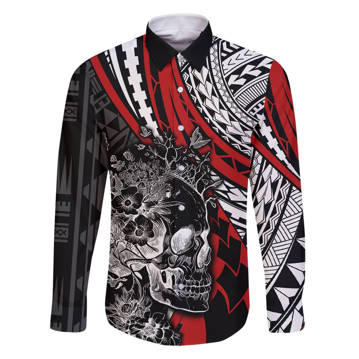 personalised-polynesia-skull-family-matching-long-sleeve-bodycon-dress-and-hawaiian-shirt-tattoo-in-the-style-of-maori-with-marine-life-red