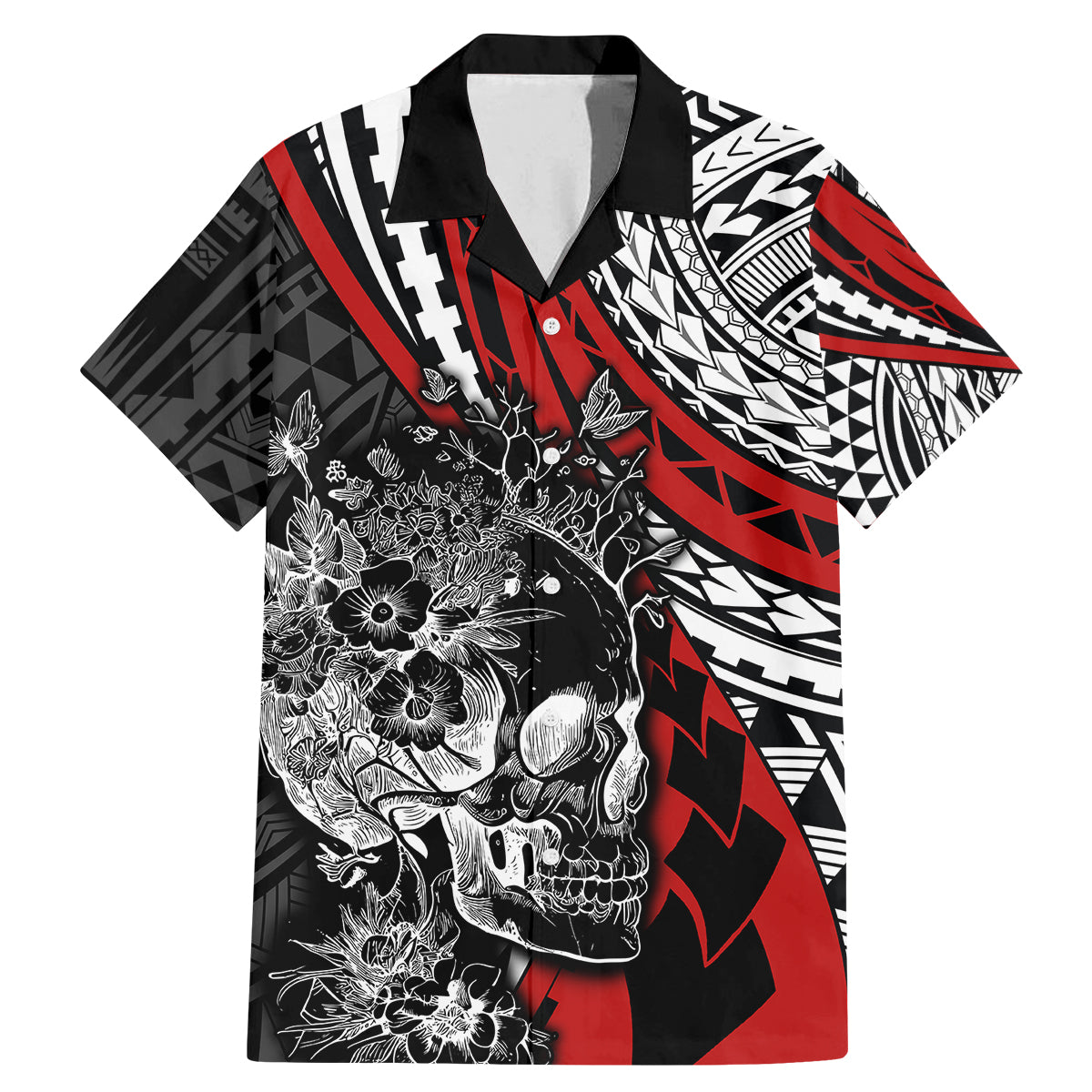 personalised-polynesia-skull-family-matching-mermaid-dress-and-hawaiian-shirt-tattoo-in-the-style-of-maori-with-marine-life-red