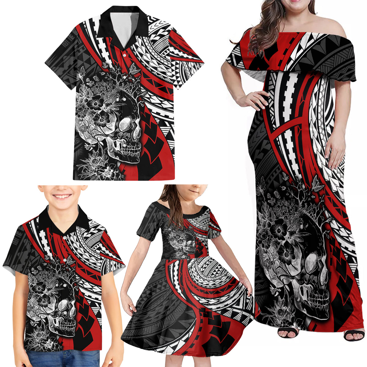 personalised-polynesia-skull-family-matching-off-shoulder-maxi-dress-and-hawaiian-shirt-tattoo-in-the-style-of-maori-with-marine-life-red