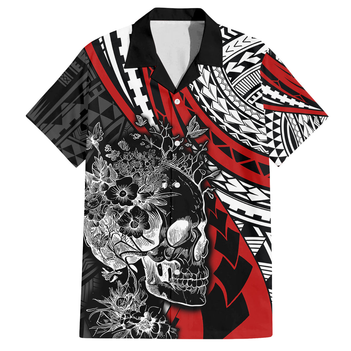 personalised-polynesia-skull-family-matching-off-shoulder-short-dress-and-hawaiian-shirt-tattoo-in-the-style-of-maori-with-marine-life-red