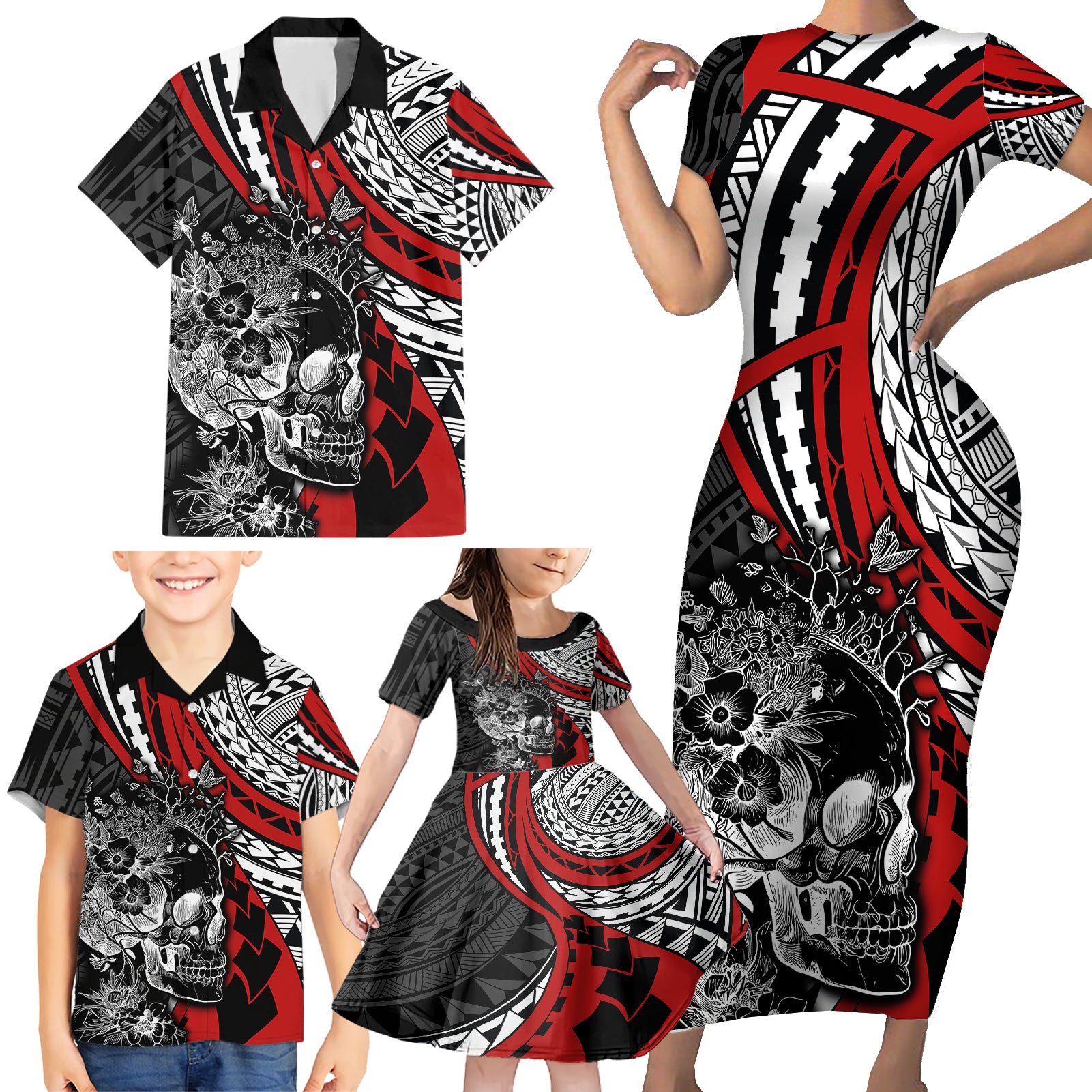 personalised-polynesia-skull-family-matching-short-sleeve-bodycon-dress-and-hawaiian-shirt-tattoo-in-the-style-of-maori-with-marine-life-red