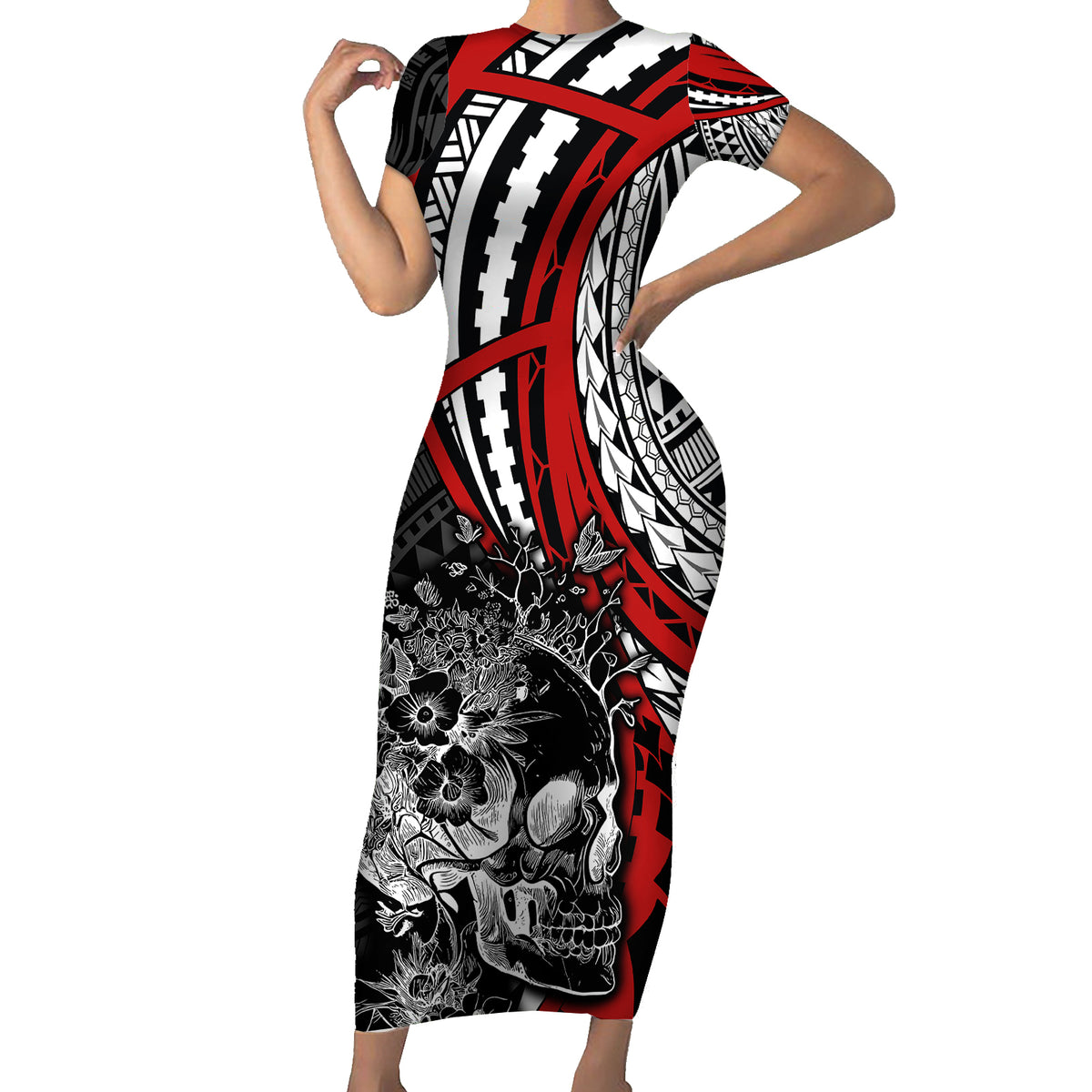 personalised-polynesia-skull-family-matching-short-sleeve-bodycon-dress-and-hawaiian-shirt-tattoo-in-the-style-of-maori-with-marine-life-red