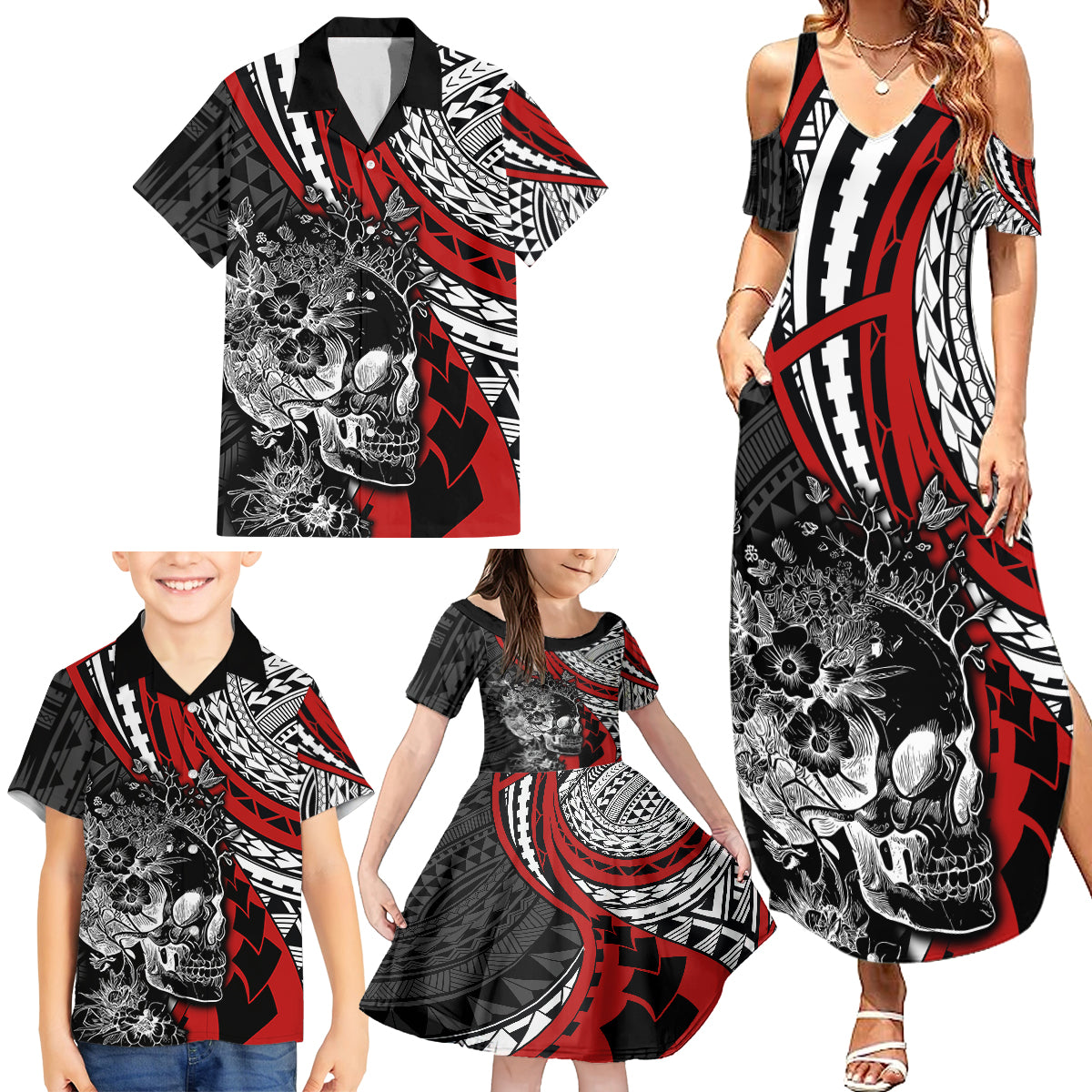 personalised-polynesia-skull-family-matching-summer-maxi-dress-and-hawaiian-shirt-tattoo-in-the-style-of-maori-with-marine-life-red