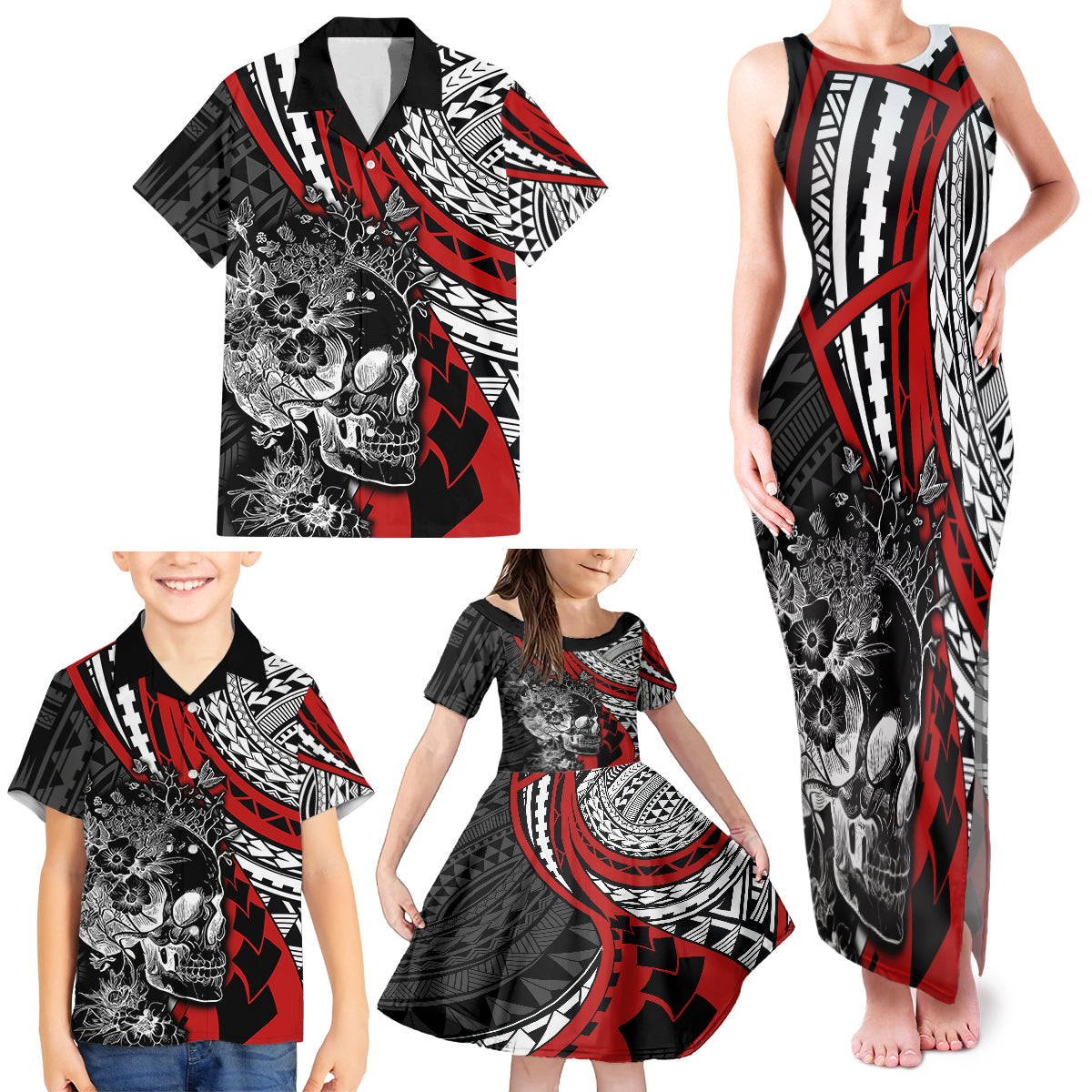 personalised-polynesia-skull-family-matching-tank-maxi-dress-and-hawaiian-shirt-tattoo-in-the-style-of-maori-with-marine-life-red