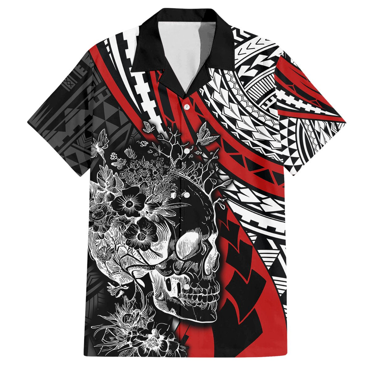 Personalised Polynesia Skull Hawaiian Shirt Tattoo In The Style Of Maori With Marine Life Red LT9 Red - Polynesian Pride
