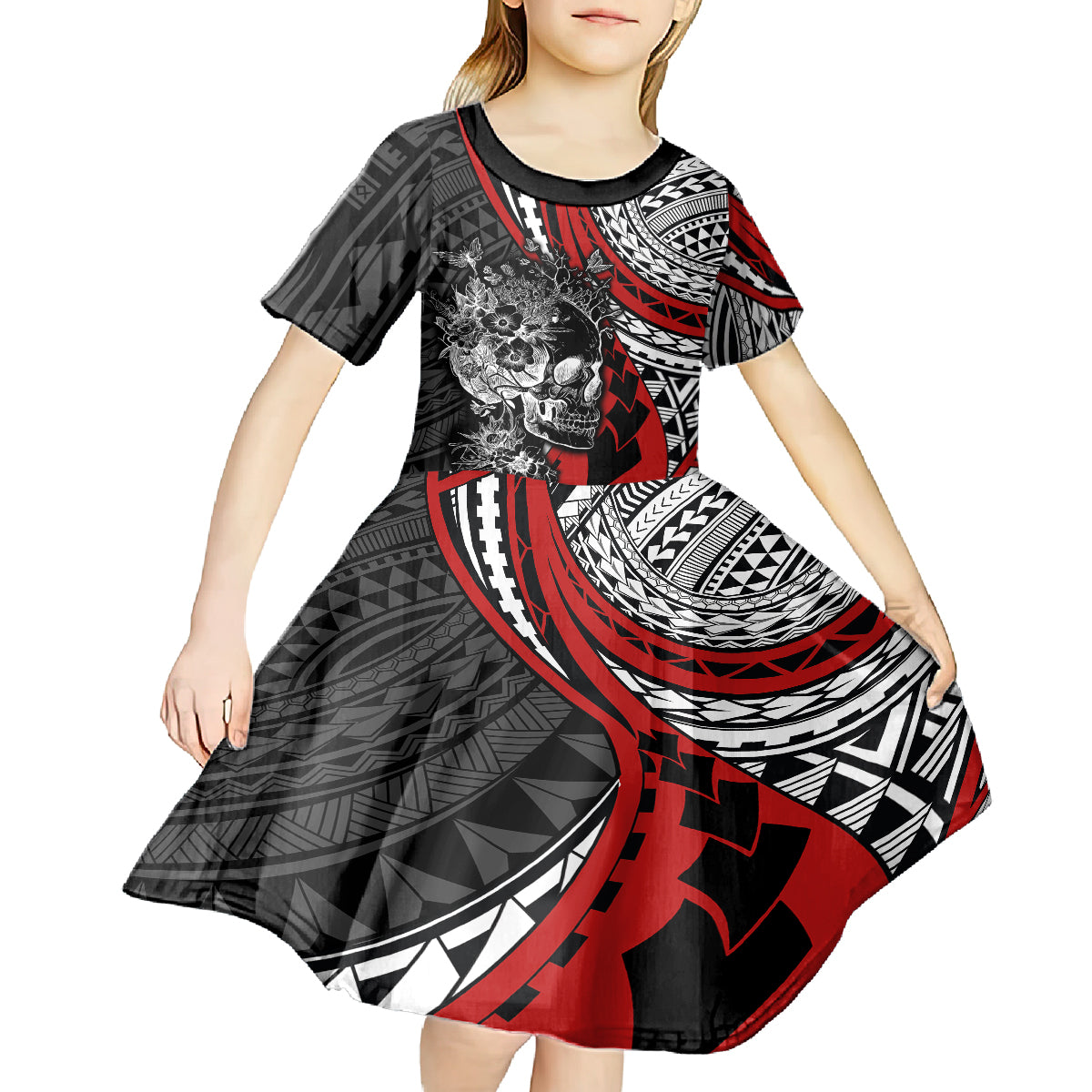 personalised-polynesia-skull-kid-short-sleeve-dress-tattoo-in-the-style-of-maori-with-marine-life-red