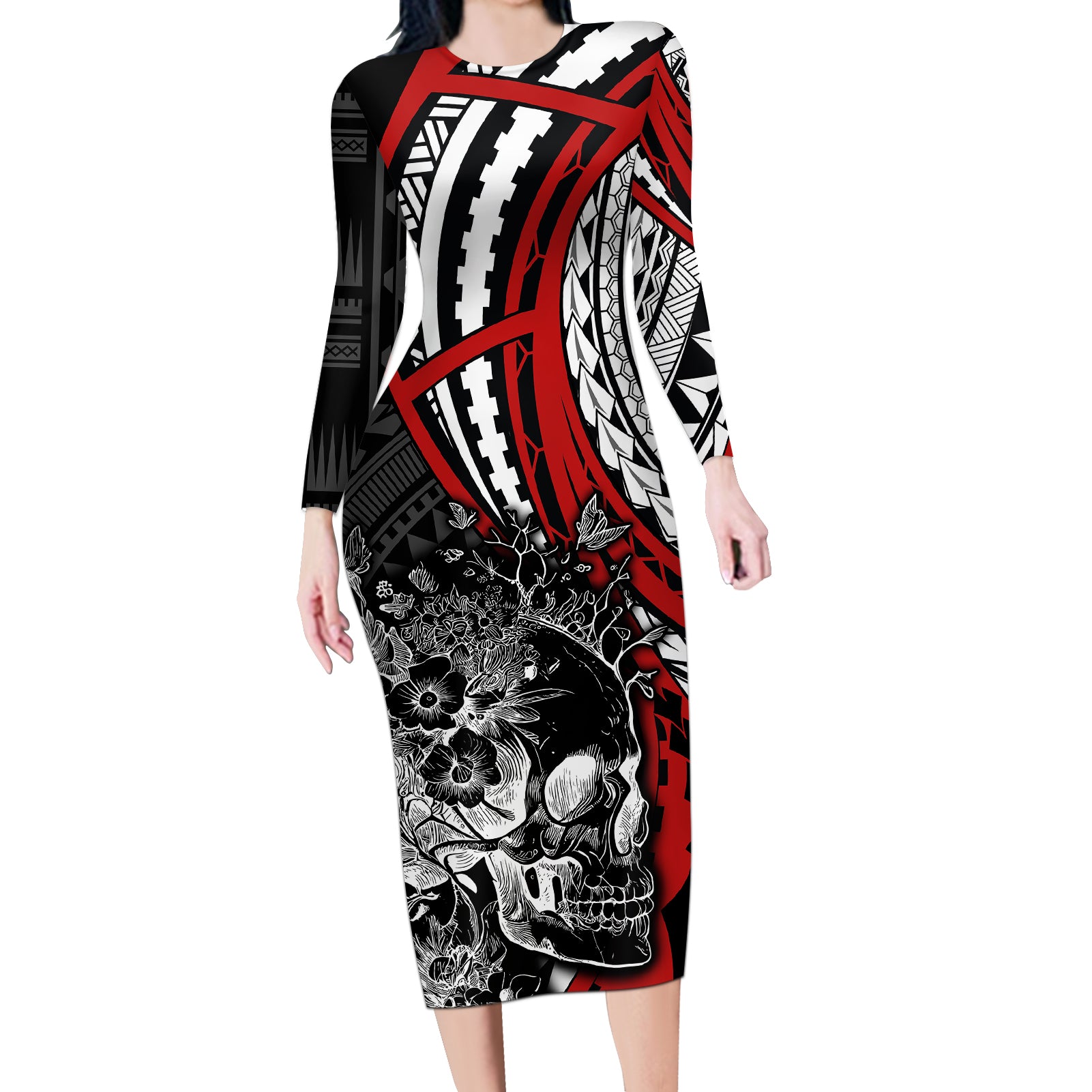 personalised-polynesia-skull-long-sleeve-bodycon-dress-tattoo-in-the-style-of-maori-with-marine-life-red