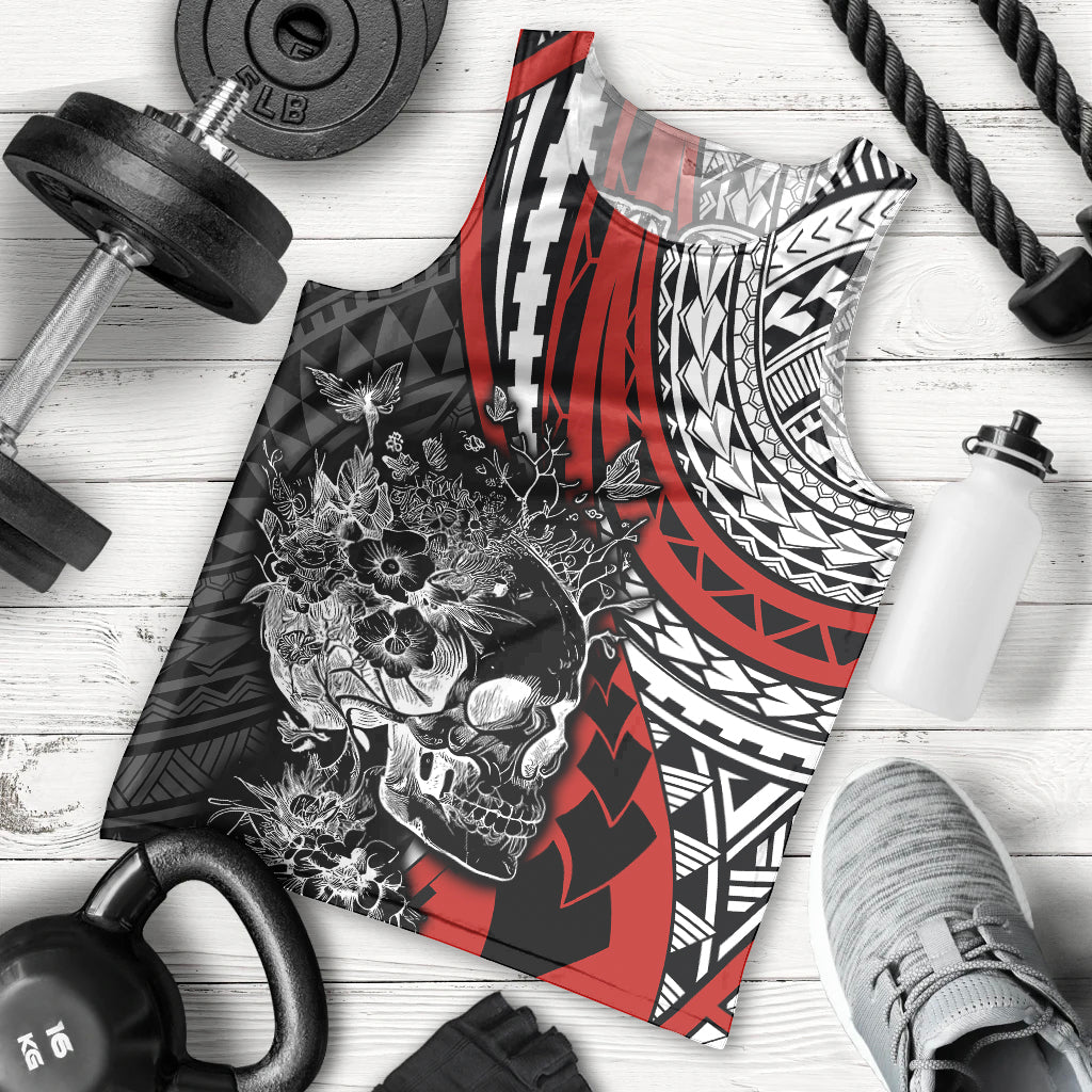 Personalised Polynesia Skull Men Tank Top Tattoo In The Style Of Maori With Marine Life Red LT9 Red - Polynesian Pride
