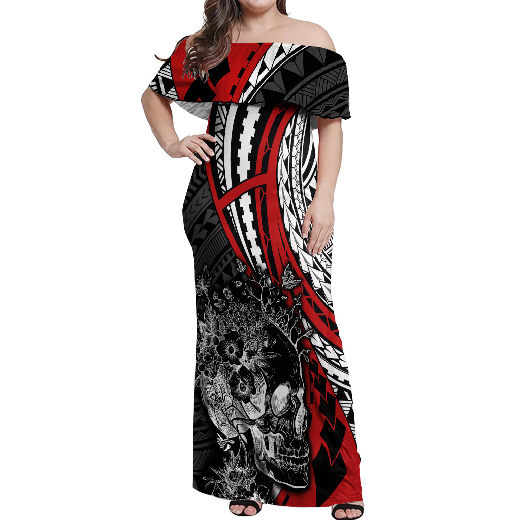 personalised-polynesia-skull-off-shoulder-maxi-dress-tattoo-in-the-style-of-maori-with-marine-life-red