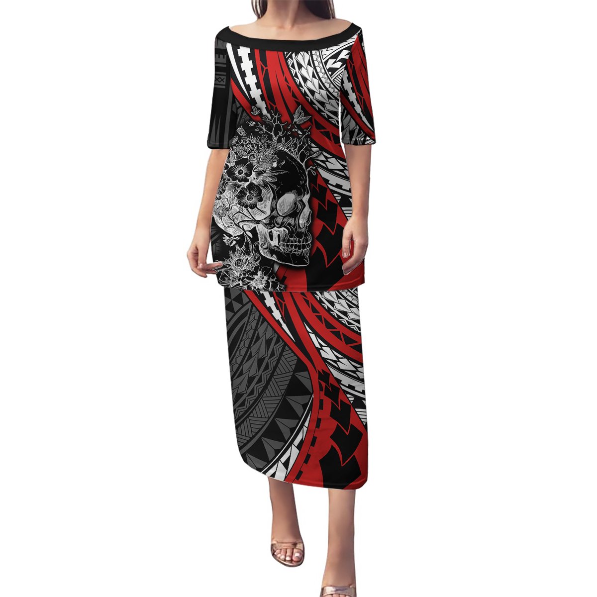 Personalised Polynesia Skull Puletasi Tattoo In The Style Of Maori With Marine Life Red LT9 Long Dress Red - Polynesian Pride