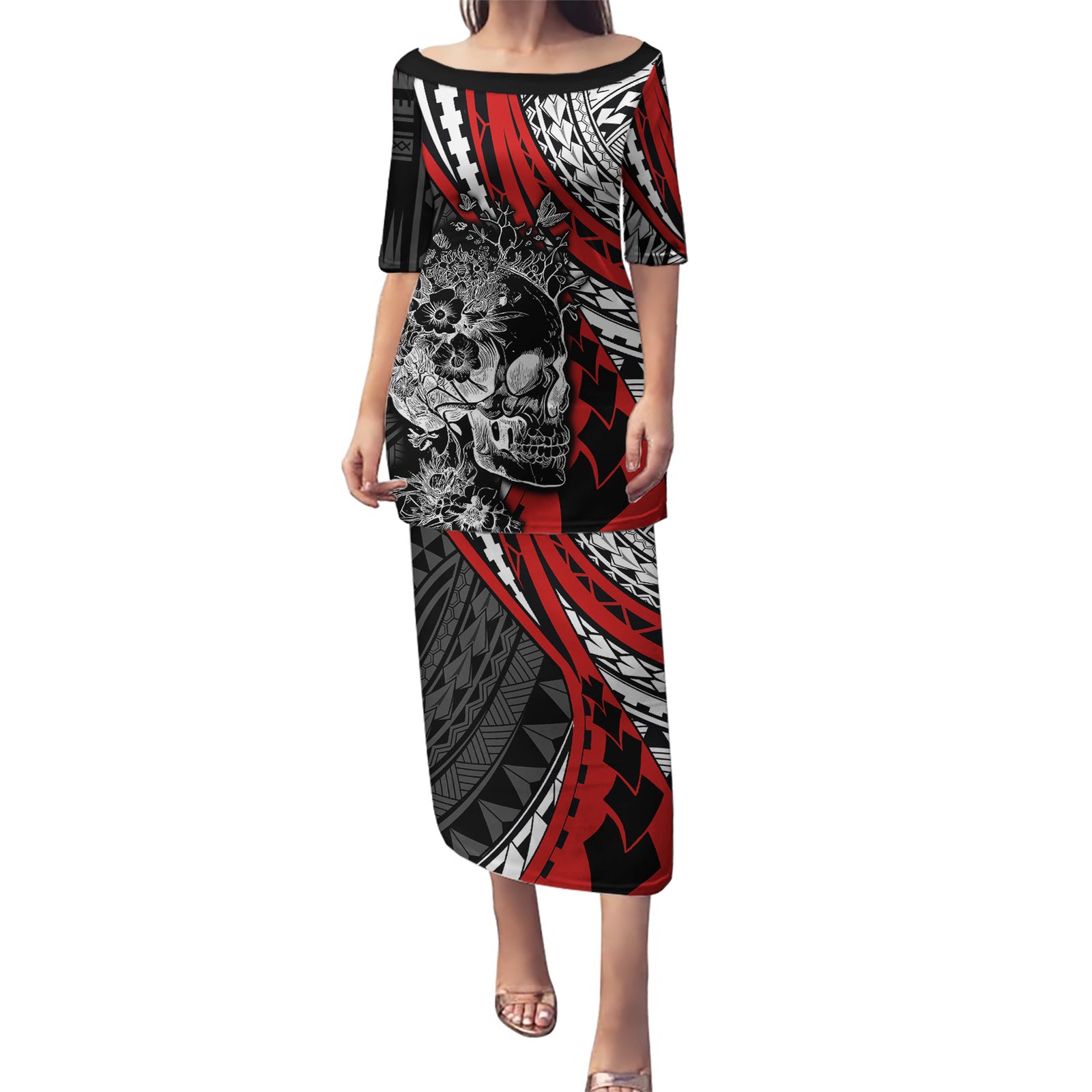 Personalised Polynesia Skull Puletasi Tattoo In The Style Of Maori With Marine Life Red LT9 Long Dress Red - Polynesian Pride