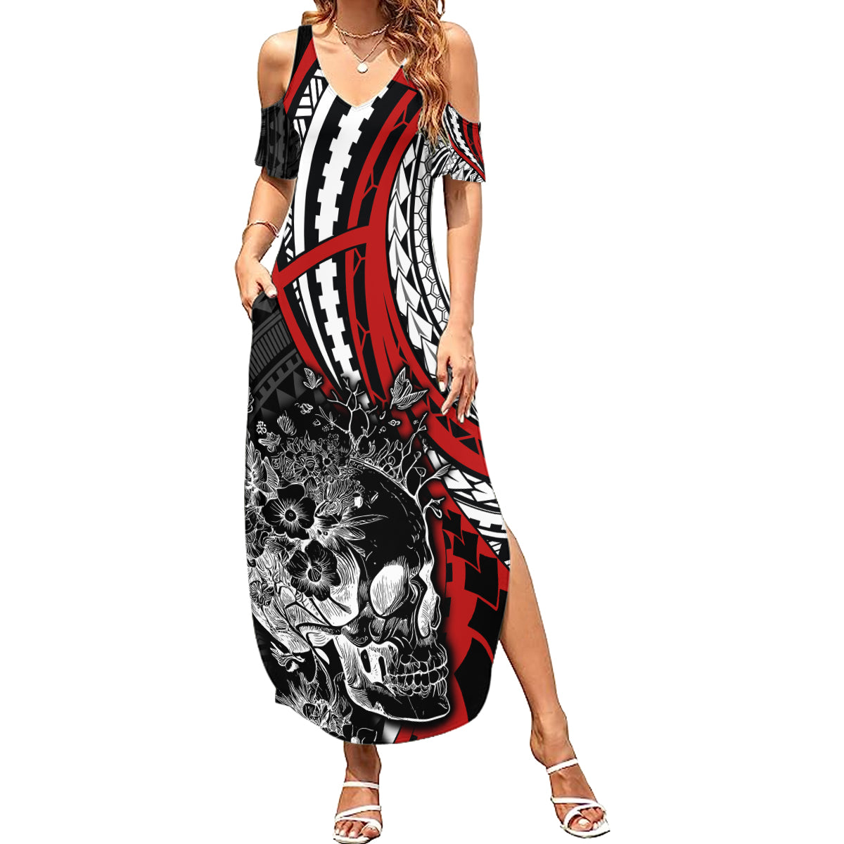 personalised-polynesia-skull-summer-maxi-dress-tattoo-in-the-style-of-maori-with-marine-life-red