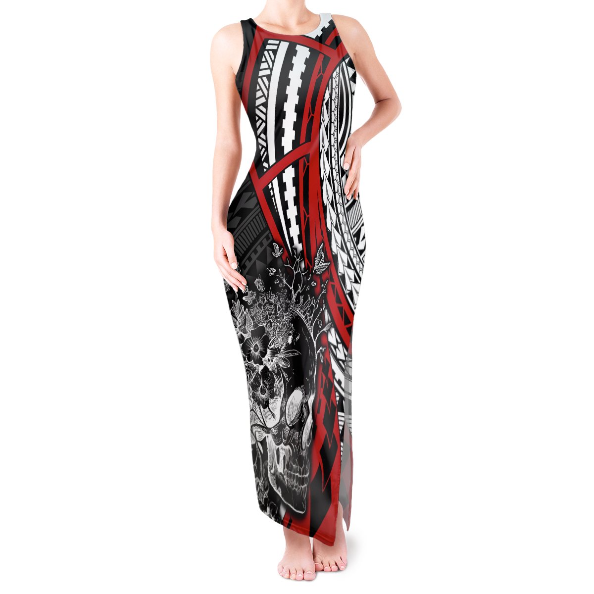 Personalised Polynesia Skull Tank Maxi Dress Tattoo In The Style Of Maori With Marine Life Red LT9 Women Red - Polynesian Pride