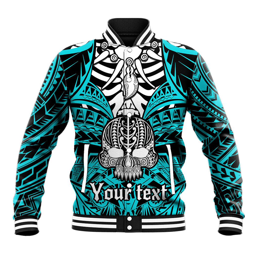 Personalised Polynesia Skull Baseball Jacket With Boars Tusk Aqua Arty Vibe LT9 Unisex Aqua - Polynesian Pride