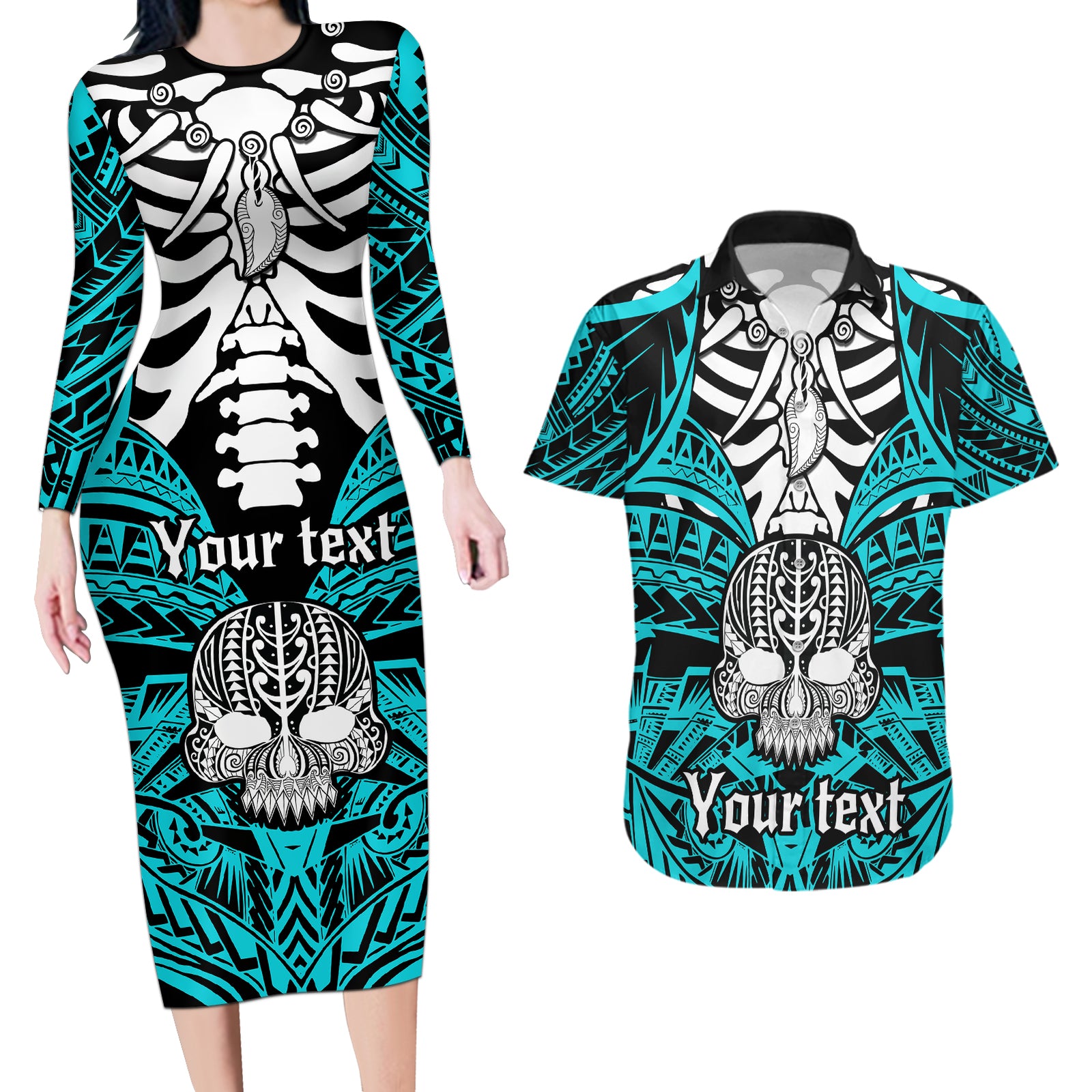 Personalised Polynesia Skull Couples Matching Long Sleeve Bodycon Dress and Hawaiian Shirt With Boars Tusk Aqua Arty Vibe LT9 Aqua - Polynesian Pride