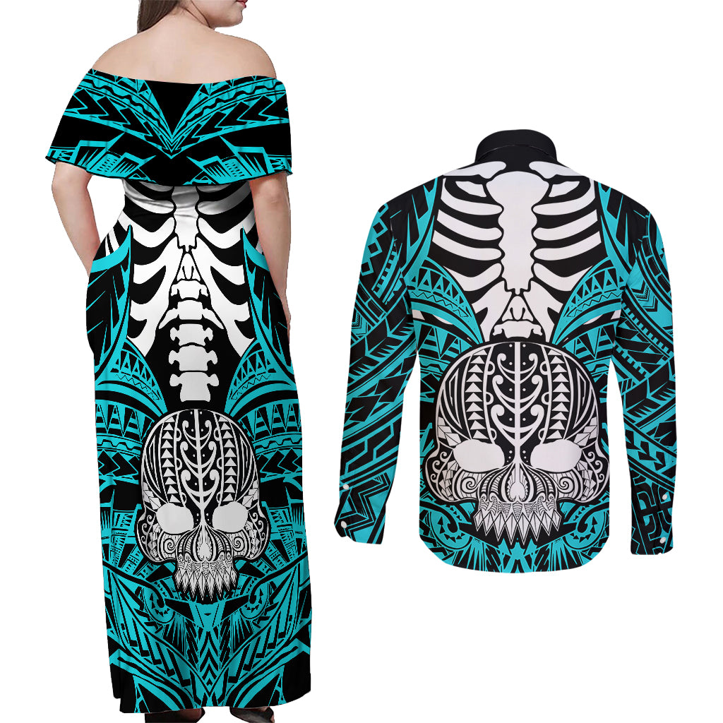 Personalised Polynesia Skull Couples Matching Off Shoulder Maxi Dress and Long Sleeve Button Shirts With Boars Tusk Aqua Arty Vibe LT9 - Polynesian Pride