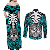Personalised Polynesia Skull Couples Matching Off Shoulder Maxi Dress and Long Sleeve Button Shirts With Boars Tusk Aqua Arty Vibe LT9 - Polynesian Pride