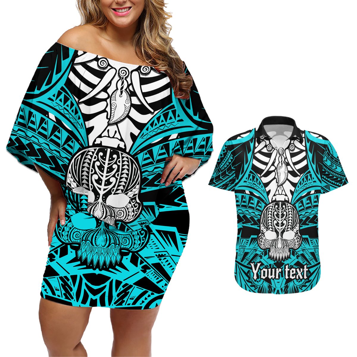Personalised Polynesia Skull Couples Matching Off Shoulder Short Dress and Hawaiian Shirt With Boars Tusk Aqua Arty Vibe LT9 Aqua - Polynesian Pride