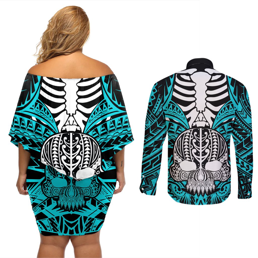 Personalised Polynesia Skull Couples Matching Off Shoulder Short Dress and Long Sleeve Button Shirts With Boars Tusk Aqua Arty Vibe LT9 - Polynesian Pride