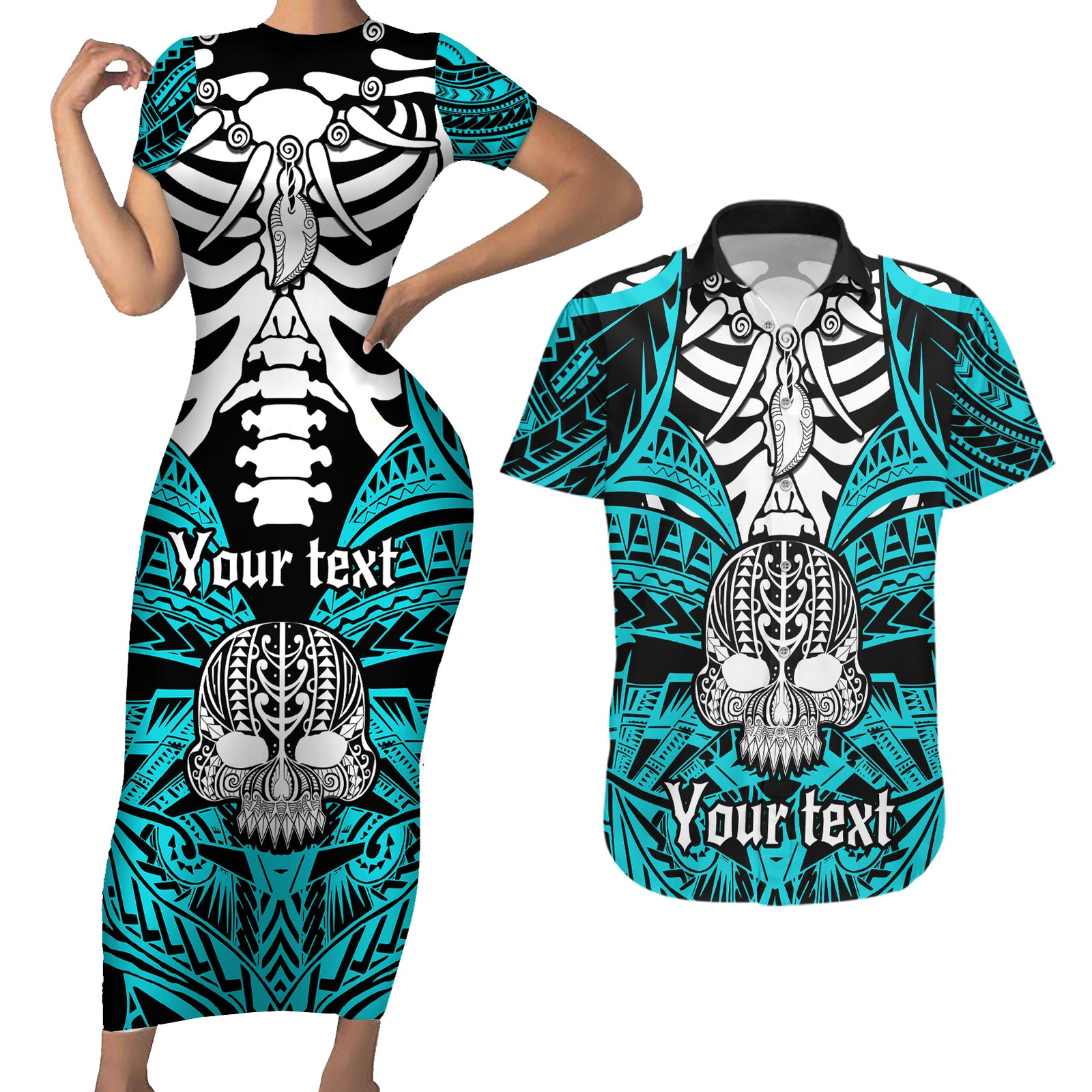 Personalised Polynesia Skull Couples Matching Short Sleeve Bodycon Dress and Hawaiian Shirt With Boars Tusk Aqua Arty Vibe LT9 Aqua - Polynesian Pride