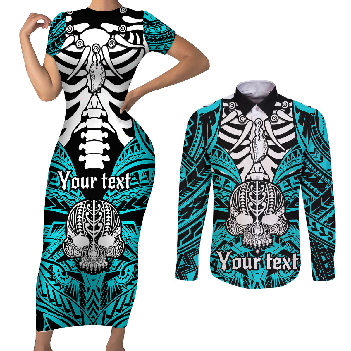 Personalised Polynesia Skull Couples Matching Short Sleeve Bodycon Dress and Long Sleeve Button Shirts With Boars Tusk Aqua Arty Vibe LT9 Aqua - Polynesian Pride