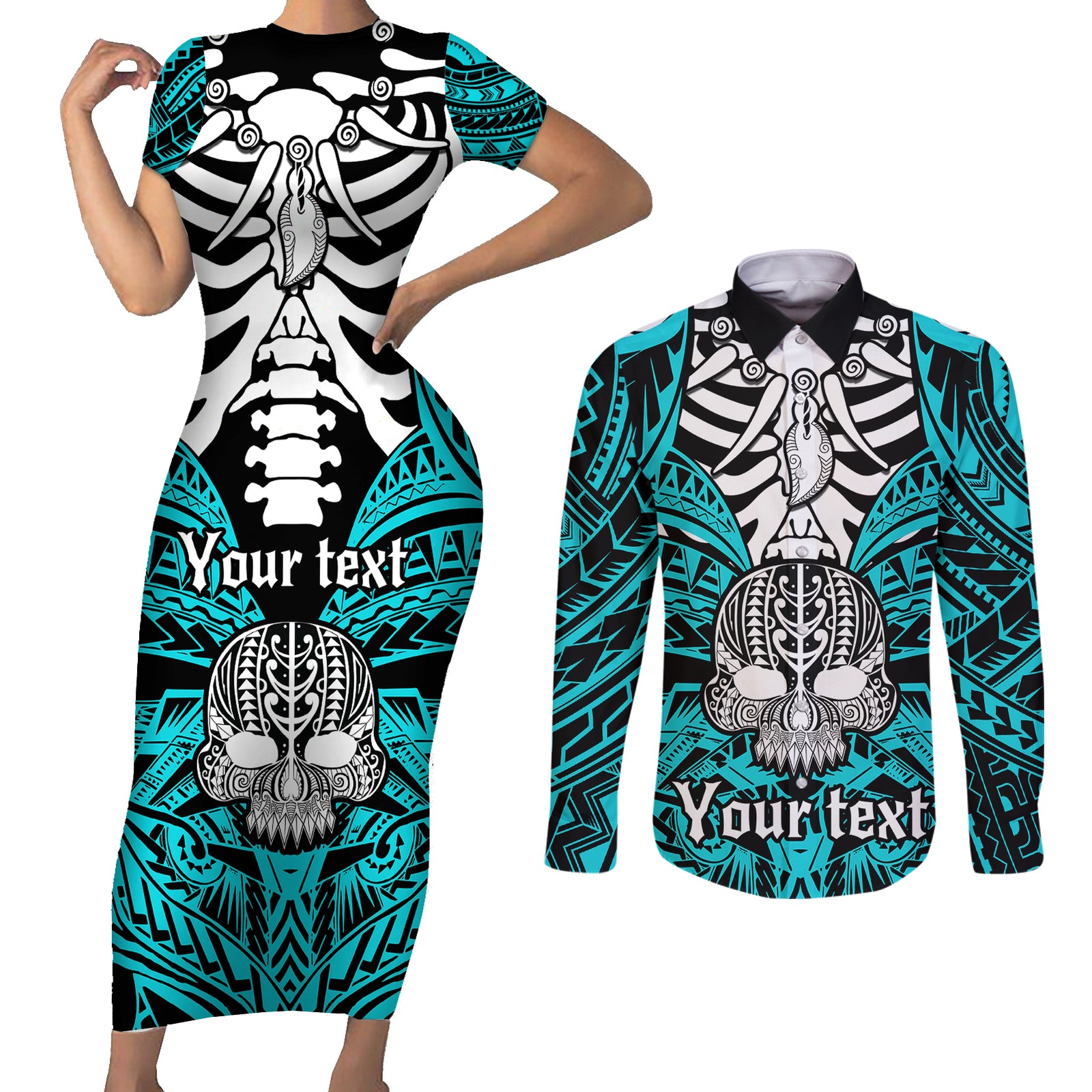 Personalised Polynesia Skull Couples Matching Short Sleeve Bodycon Dress and Long Sleeve Button Shirts With Boars Tusk Aqua Arty Vibe LT9 Aqua - Polynesian Pride