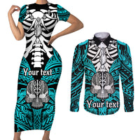 Personalised Polynesia Skull Couples Matching Short Sleeve Bodycon Dress and Long Sleeve Button Shirts With Boars Tusk Aqua Arty Vibe LT9 Aqua - Polynesian Pride