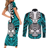 Personalised Polynesia Skull Couples Matching Short Sleeve Bodycon Dress and Long Sleeve Button Shirts With Boars Tusk Aqua Arty Vibe LT9 - Polynesian Pride