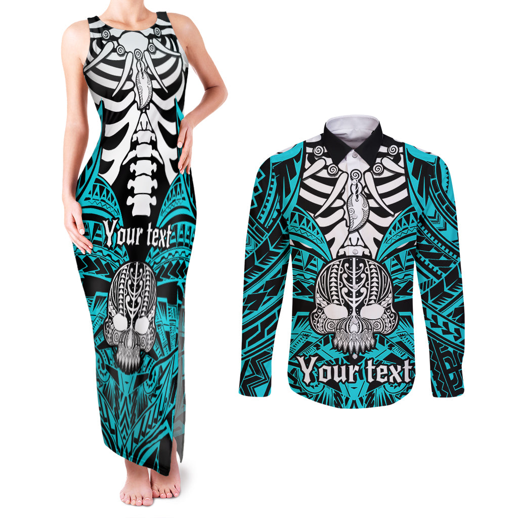 Personalised Polynesia Skull Couples Matching Tank Maxi Dress and Long Sleeve Button Shirts With Boars Tusk Aqua Arty Vibe LT9 Aqua - Polynesian Pride
