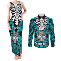 Personalised Polynesia Skull Couples Matching Tank Maxi Dress and Long Sleeve Button Shirts With Boars Tusk Aqua Arty Vibe LT9 Aqua - Polynesian Pride