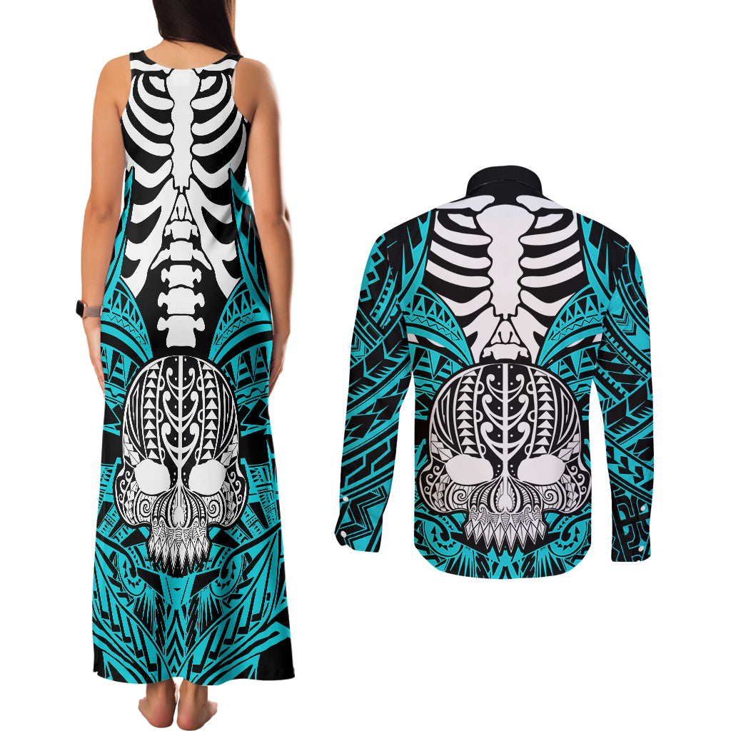 Personalised Polynesia Skull Couples Matching Tank Maxi Dress and Long Sleeve Button Shirts With Boars Tusk Aqua Arty Vibe LT9 - Polynesian Pride