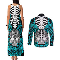 Personalised Polynesia Skull Couples Matching Tank Maxi Dress and Long Sleeve Button Shirts With Boars Tusk Aqua Arty Vibe LT9 - Polynesian Pride