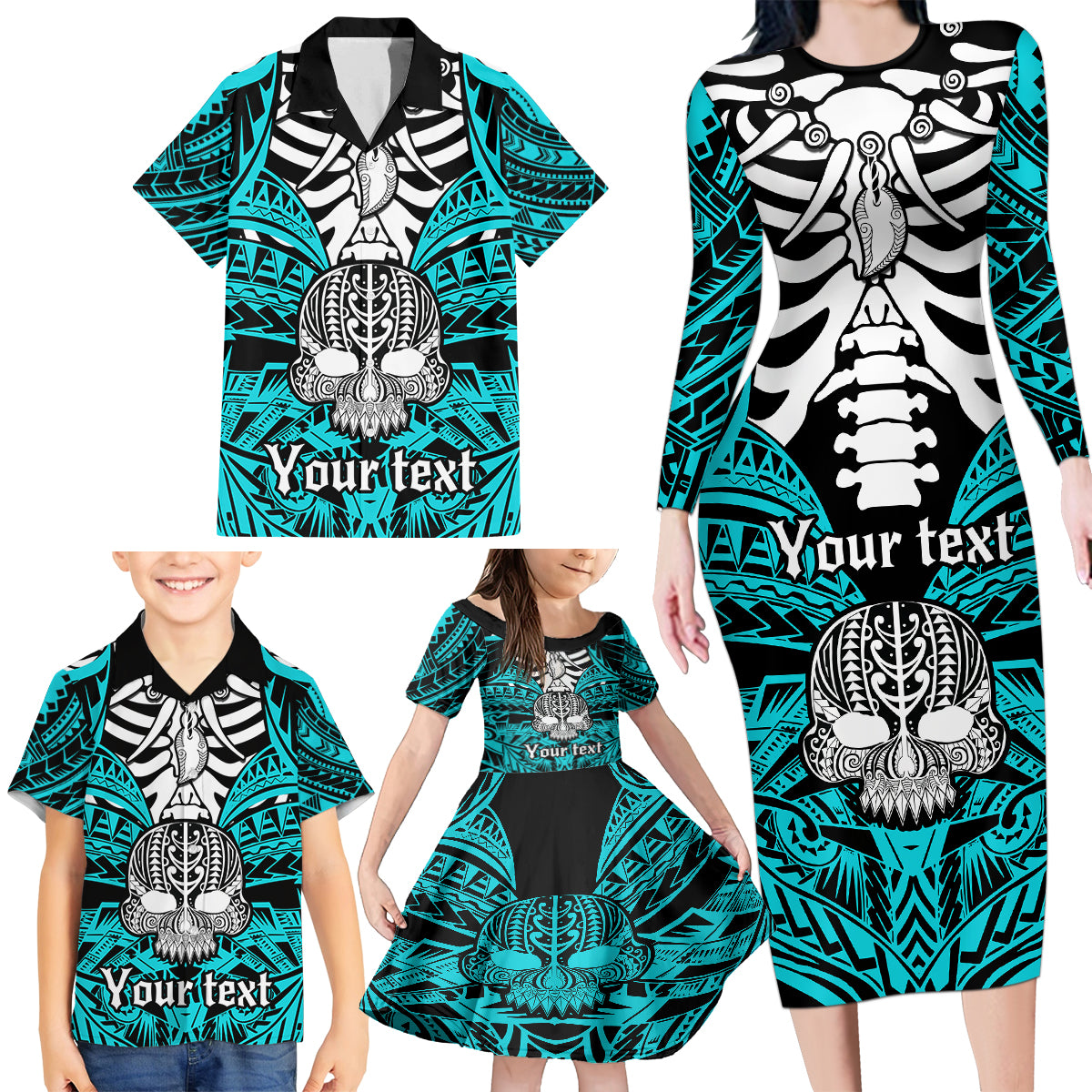 personalised-polynesia-skull-family-matching-long-sleeve-bodycon-dress-and-hawaiian-shirt-with-boars-tusk-aqua-arty-vibe