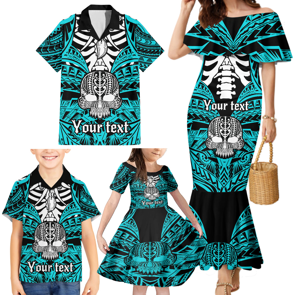 personalised-polynesia-skull-family-matching-mermaid-dress-and-hawaiian-shirt-with-boars-tusk-aqua-arty-vibe